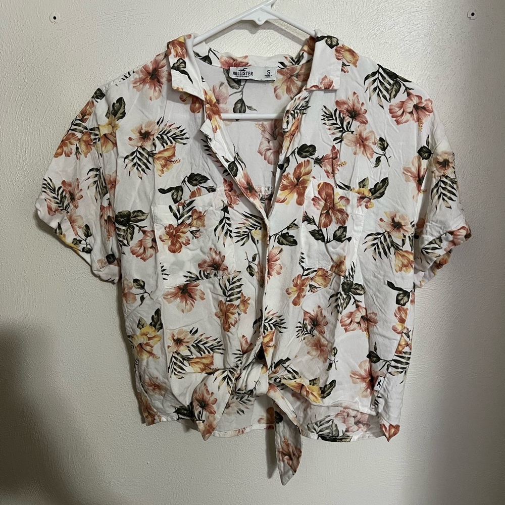 HOLLISTER Classic Hawaiian Floral Print Button Down with Tie White Green‎ Wms S